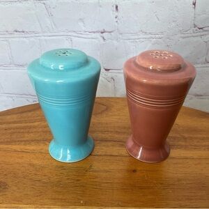 Vintage Turquoise Blue and Harlequin Red Ceramic Salt and Pepper Shakers